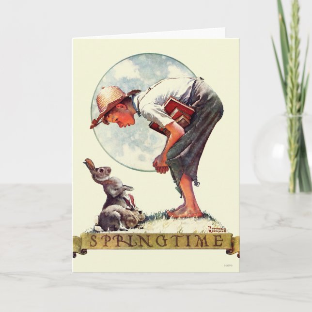 Tarjeta Springtime, 1935 chico con conejito (Anverso)