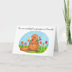 Tarjeta Springtime en Canadá Beaver con tulips en Canadá