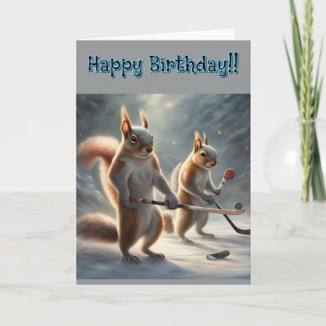 Tarjeta Squirrels playing Hockey Birthday (Anverso)
