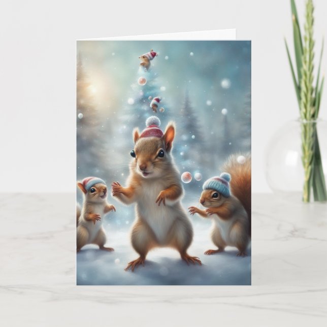 Tarjeta Squirrels playing in the snow Christmas (Anverso)