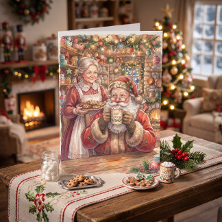Tarjeta Sr y Sra Claus bebiendo cacao caliente de Navidad
