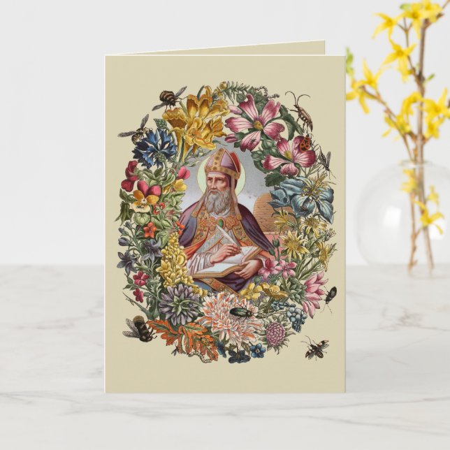 Tarjeta St. Ambrose of Milan with Flowers, Bees, and Hive (flor amarilla)