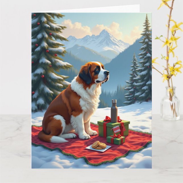 Tarjeta St. Bernard Winter Picnic Christmas Painting (flor amarilla)