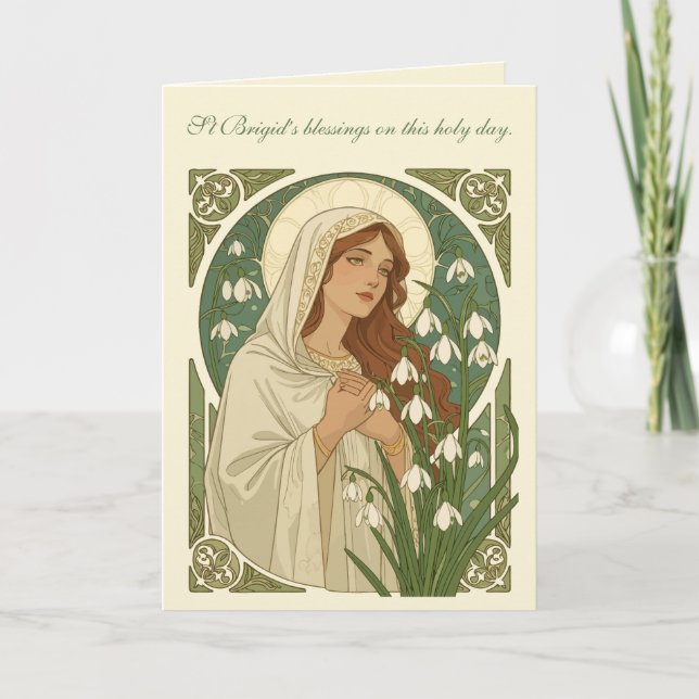 Tarjeta St Brigid Art Nouveau Halo and Snowdrops (Anverso)