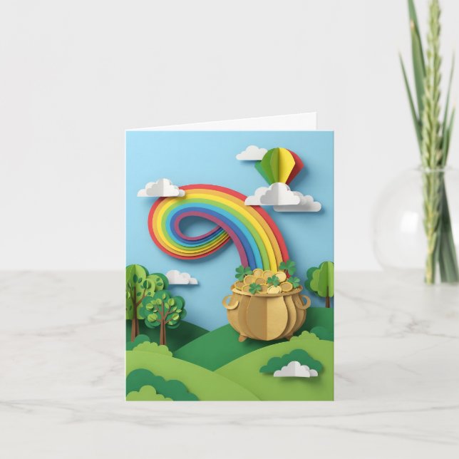 Tarjeta St. Patrick's Day Pot of Gold Rainbow Paper Cutout (Anverso)