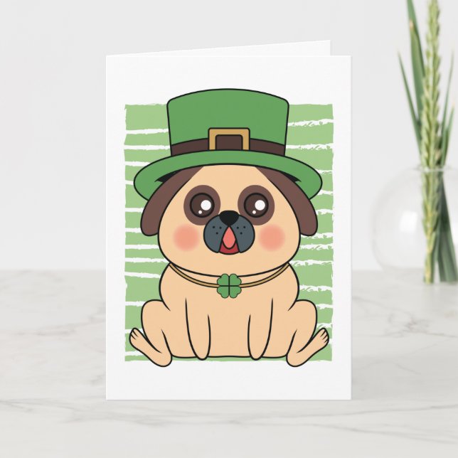 Tarjeta St. Patrick's Day Pug Dog Lucky Shamrock (Anverso)