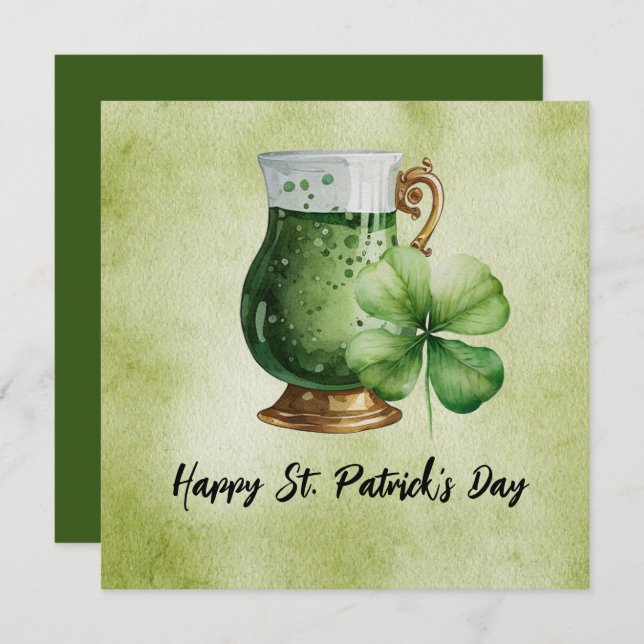 Tarjeta St. Patrick's Day Shamrock Clover y cerveza (Anverso / Reverso)