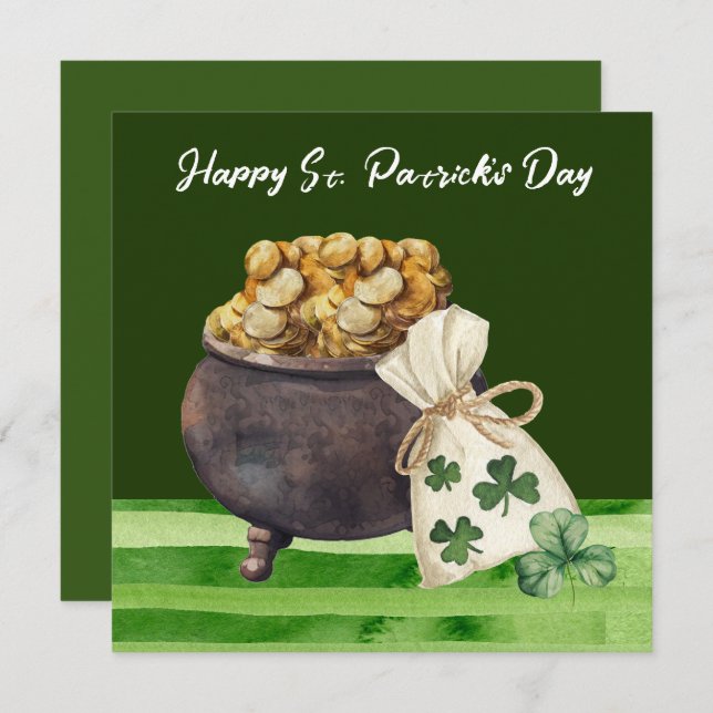 Tarjeta St. Patrick's Day Shamrock Clover y Pot (Anverso / Reverso)