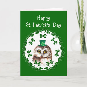 Tarjeta St. Patrick's Day Shamrock Cute Owl sabiduría y su