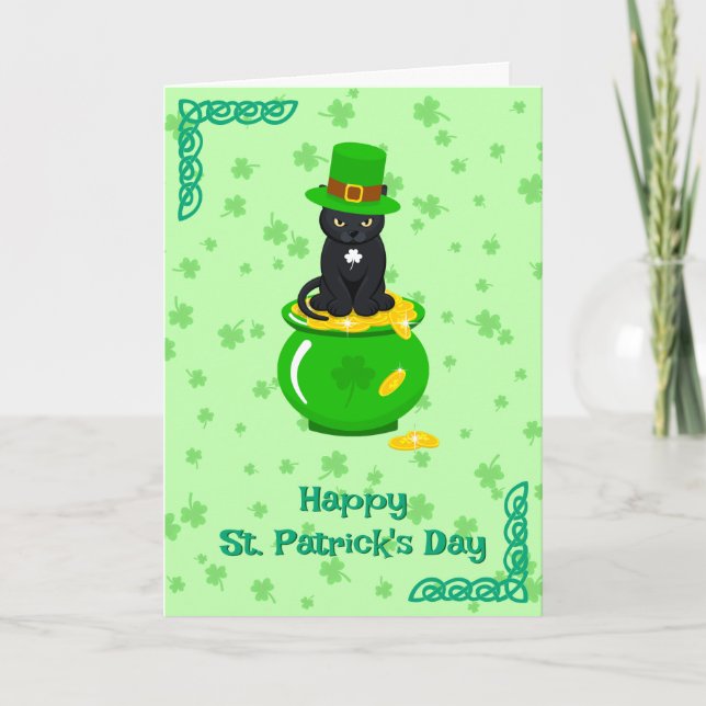 Tarjeta St. Patrick's Day Shamrock Pot of Gold Black Cat (Anverso)