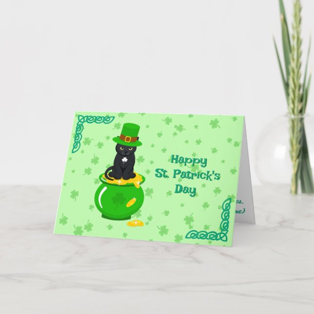 Tarjeta St. Patrick's Day Shamrock Pot of Gold Black Cat (Anverso)