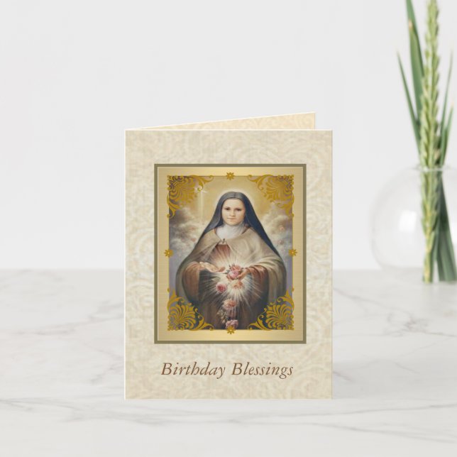 Tarjeta St. Teresa de Lisieux que riega rosas rosados (Anverso)