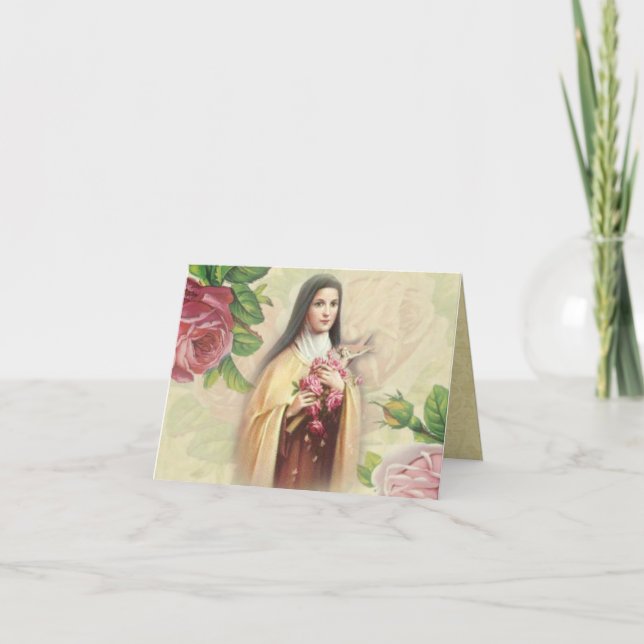 Tarjeta St. Therese la flor pequeña con rosas rosas rosas  (Anverso)