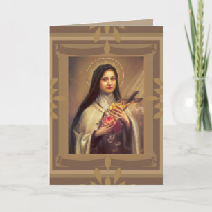 Tarjeta St. Therese Little Flower con rosas rosadas Cumple