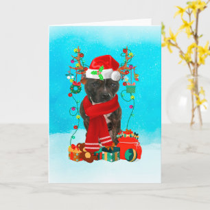 Tarjeta Staffordshire Bull Terrier en la nieve con Navidad