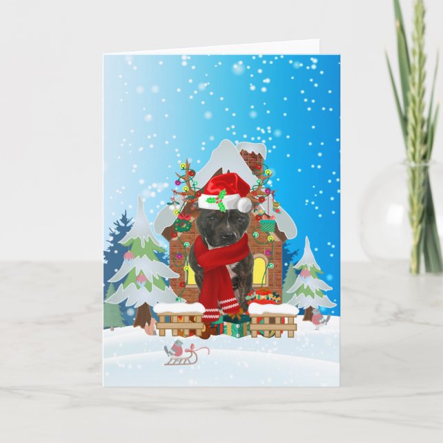 Tarjeta Staffordshire Bull Terrier en la nieve con Navidad (Anverso)