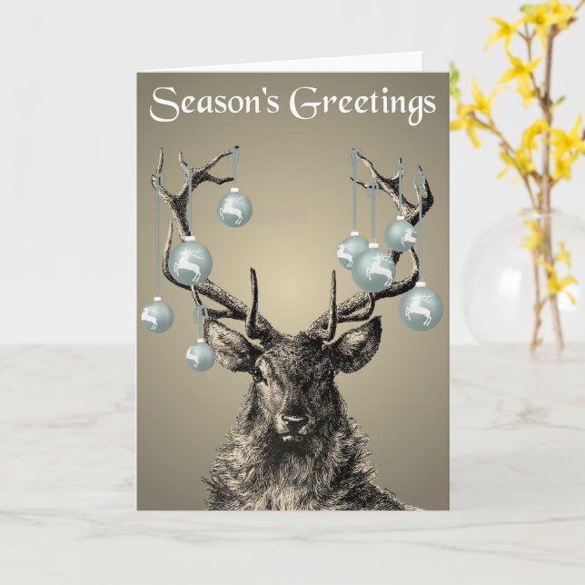 Tarjeta Stag, Antlers, Reindeer, Baubles, Navidades gótico (flor amarilla)