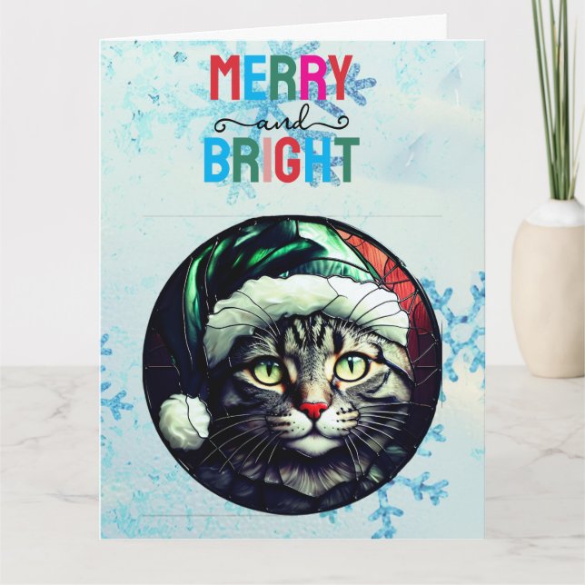 Tarjeta Stained-Glass Christmas Grey Tabby In Green Hat (Anverso)