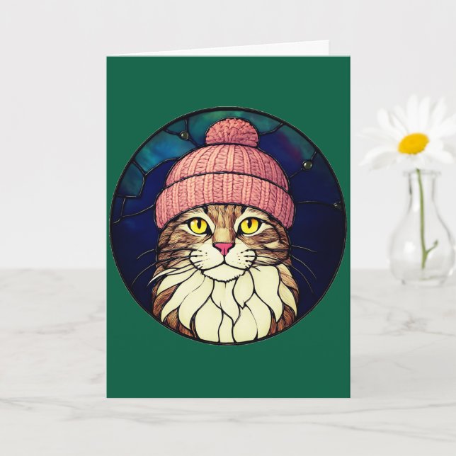 Tarjeta Stained-Glass Christmas Tabby Cat In Pink Cap (Planta pequeña)