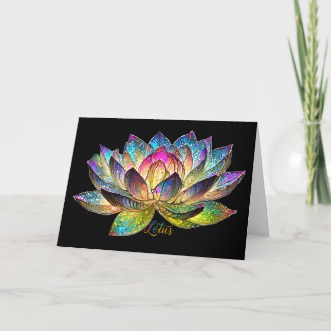 Tarjeta Stained Glass Colorful Lotus Flower on Black (Anverso)