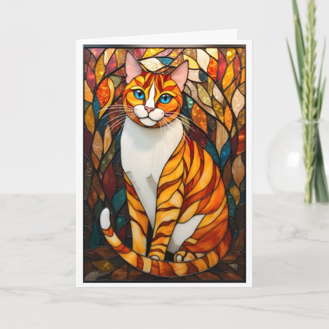 Tarjeta Stained Glass Style Orange Cat Blue Eyes (Anverso)