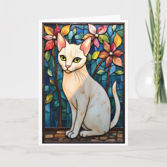 Tarjeta Stained Glass Style White Cat with Flowers (Anverso)