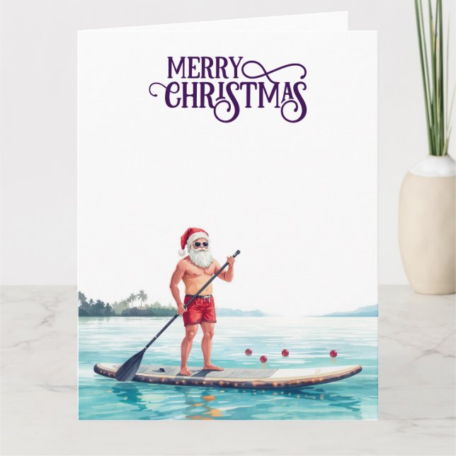 Tarjeta Stand-Up Paddle Santa — Coastal Christmas Holiday (Anverso)