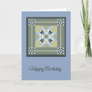 Tarjeta Star Quilt Square en el cumpleaños azul y verde