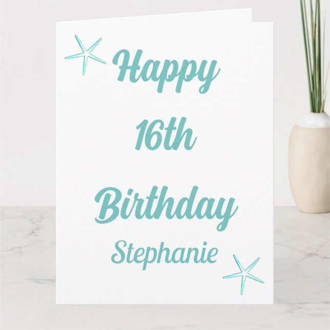Tarjeta Starfish 16º cumpleaños Dieciséis nombres azules V (Anverso)
