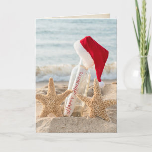 Tarjeta Starfish de Happy Holidays con mensaje en la botel