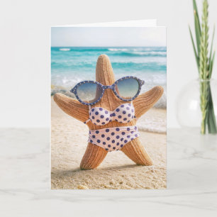Tarjeta Starfish playero de cumpleaños usando bikini