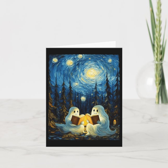 Tarjeta Starnight Ghost Book leyendo camping Halloween (Anverso)