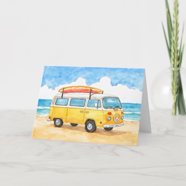 Tarjeta Stay Salty Surfer Van Beach Greeting Card (Anverso)