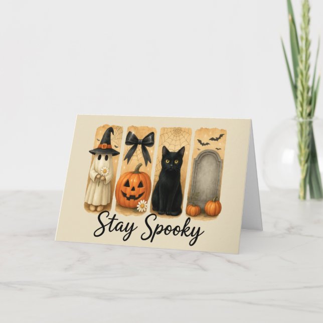 Tarjeta "Stay Spooky" saludo de gatos en broche de broche  (Anverso)