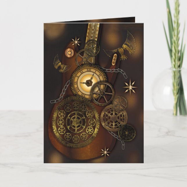 Tarjeta Steampunk Birthday Son Guitarra Metalizado Gears (Anverso)