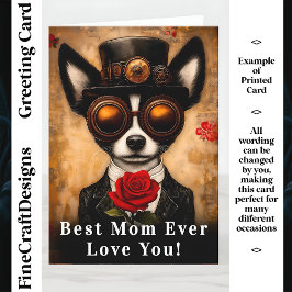 Tarjeta Steampunk Papillon Dog & Red Rose CQ6 Nombre madre