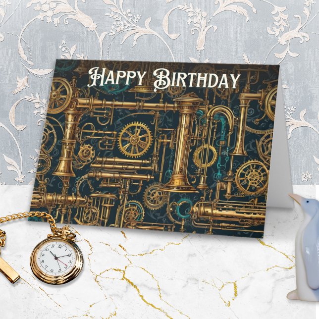 Tarjeta Steampunk Retro Cogs Metalizado Gears Happy Birday (A Steampunk themed birthday card with metal cogs and pipes, and 'Happy Birthday' in retro lettering)