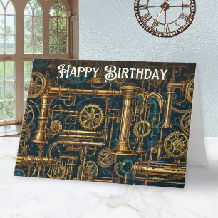 Tarjeta Steampunk Retro Cogs Metalizado Gears Happy Birday