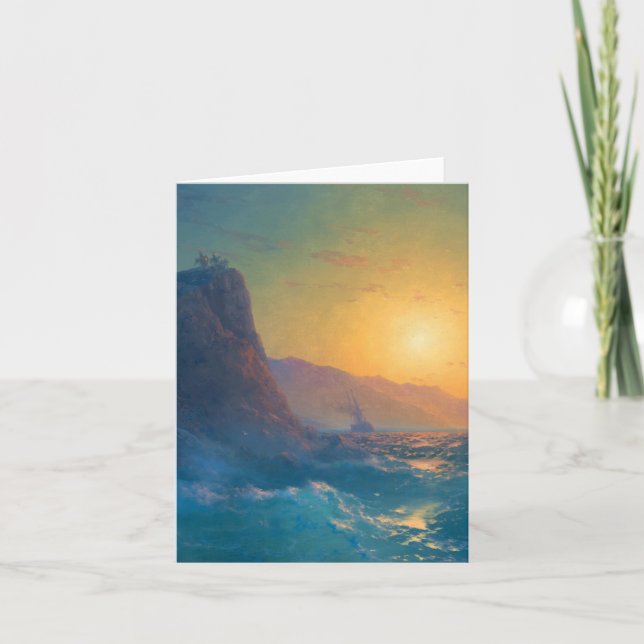 Tarjeta Steep rocky coast and a rough sea at sunset (Anverso)