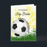 Tarjeta Step Brother Birthday Soccer Card<br><div class="desc">¡Dale a tu compañero de fútbol una tarjeta de fútbol con un tema de fútbol explosivo! Un fútbol con las palabras 'A un maravilloso padrino hermano'.</div>