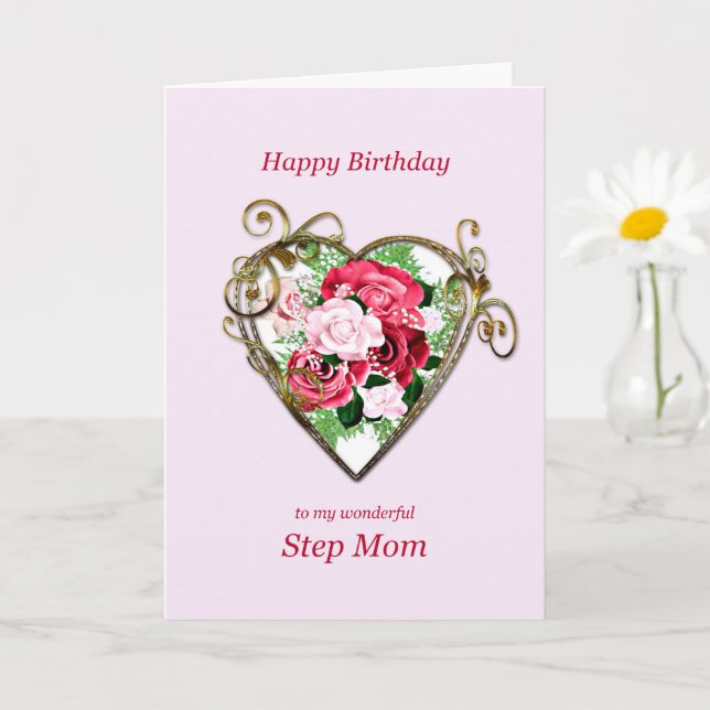 Tarjeta Step Mom Birthday Antique Pintó Rosas (Planta pequeña)