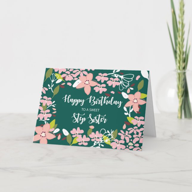 Tarjeta Step Sister Birthday Green Flowers (Anverso)