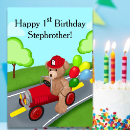 Tarjeta Stepbrother 1ᵉʳ cumpleaños Teddy Bear Firetruck