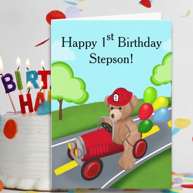 Tarjeta Stepson Happy First Birthday Teddy Bear Firetruck (Subido por el creador)