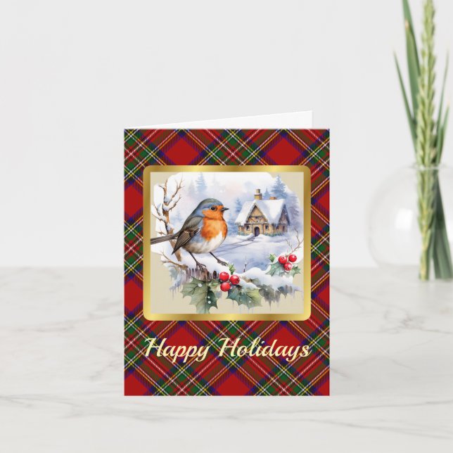Tarjeta Stewart Escudo y Tartan w/Robin Xmas personalizada (Anverso)