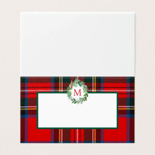 Tarjeta Stewart Xmas Plaid Wreath Monograma Place (Exterior desplegado)