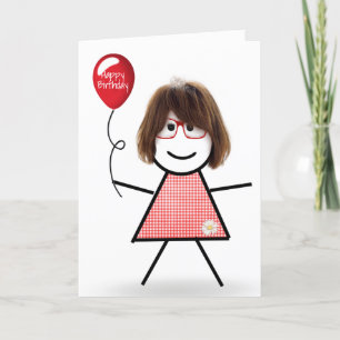 Tarjeta Stick Chica Cumpleaños Gingham con Globo Rojo