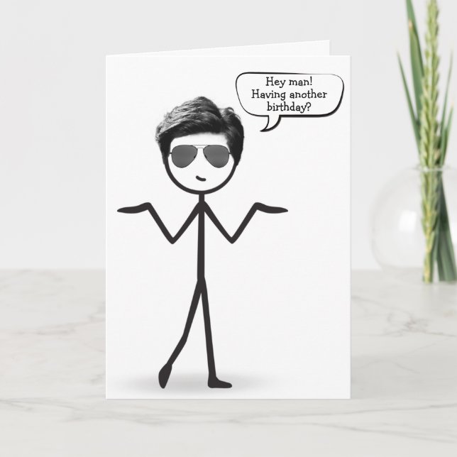 Tarjeta Stick Man con pelo Cumpleaños con humor  (Anverso)