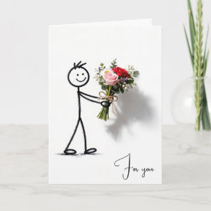 Tarjeta Stickman de cumpleaños con ramo de rosas