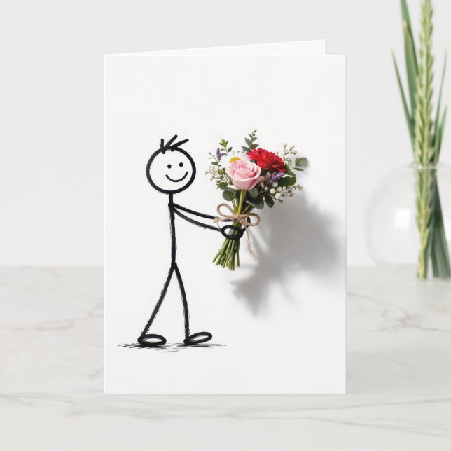 Tarjeta Stickman de Gracias con Ramo de Rosas (Anverso)